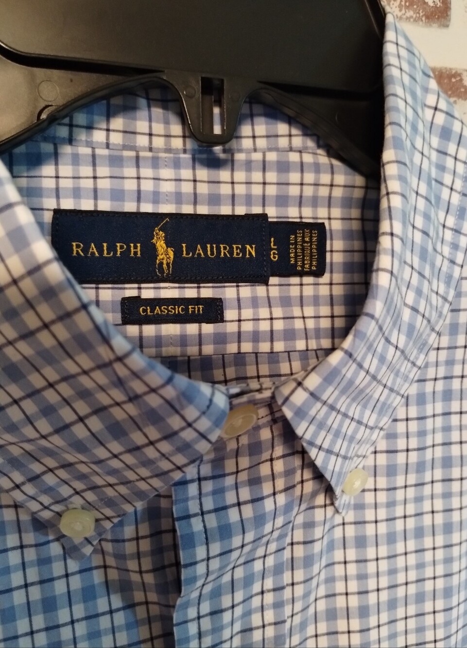 Ralph Lauren Blue and White Checked Classic Fit Dress Shirt Lg
